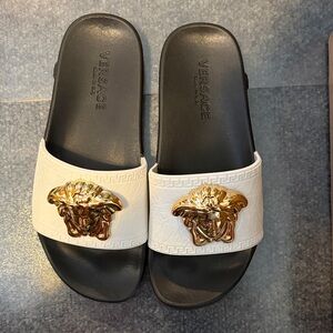 Versace Black and White Sandals with Gold Medusa